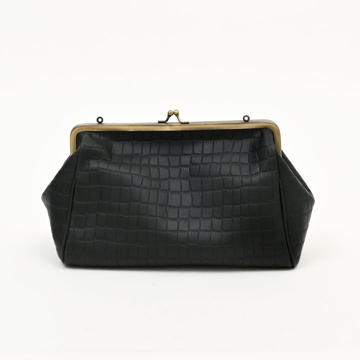 Premium Full-Grain Black Croc-Look Leather Side Bag for Women | Vintage Kiss-Lock Evening Handbag with Brass Frame & Spacious Compartment
