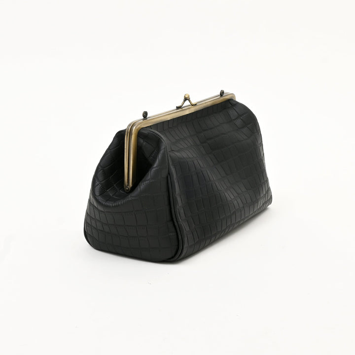 Premium Full-Grain Black Croc-Look Leather Side Bag for Women | Vintage Kiss-Lock Evening Handbag with Brass Frame & Spacious Compartment
