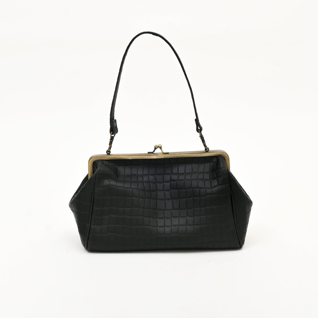 Premium Full-Grain Black Croc-Look Leather Side Bag for Women | Vintage Kiss-Lock Evening Handbag with Brass Frame & Spacious Compartment
