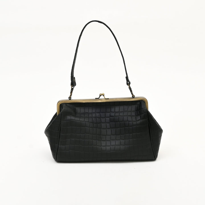 Premium Full-Grain Black Croc-Look Leather Side Bag for Women | Vintage Kiss-Lock Evening Handbag with Brass Frame & Spacious Compartment