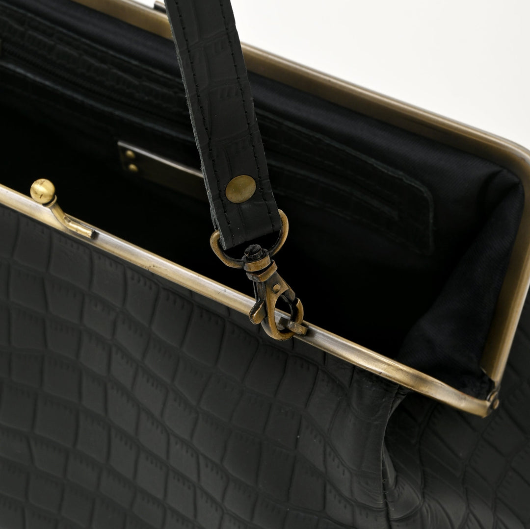 Premium Full-Grain Black Croc-Look Leather Side Bag for Women | Vintage Kiss-Lock Evening Handbag with Brass Frame & Spacious Compartment