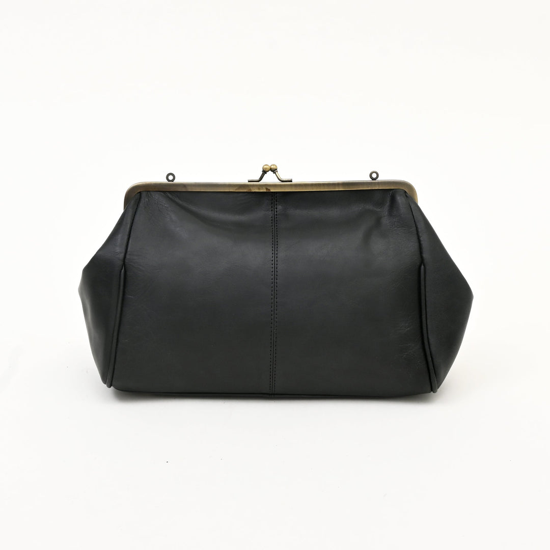 Premium Full-Grain Black Napa Leather Side Bag for Women | Vintage Kiss-Lock Evening Handbag with Brass Frame & Spacious Compartment