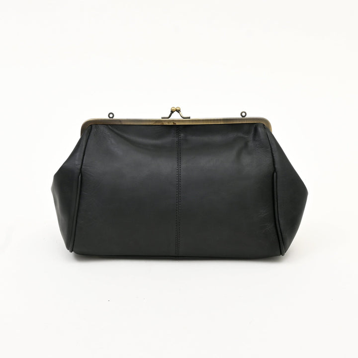 Premium Full-Grain Black Napa Leather Side Bag for Women | Vintage Kiss-Lock Evening Handbag with Brass Frame & Spacious Compartment