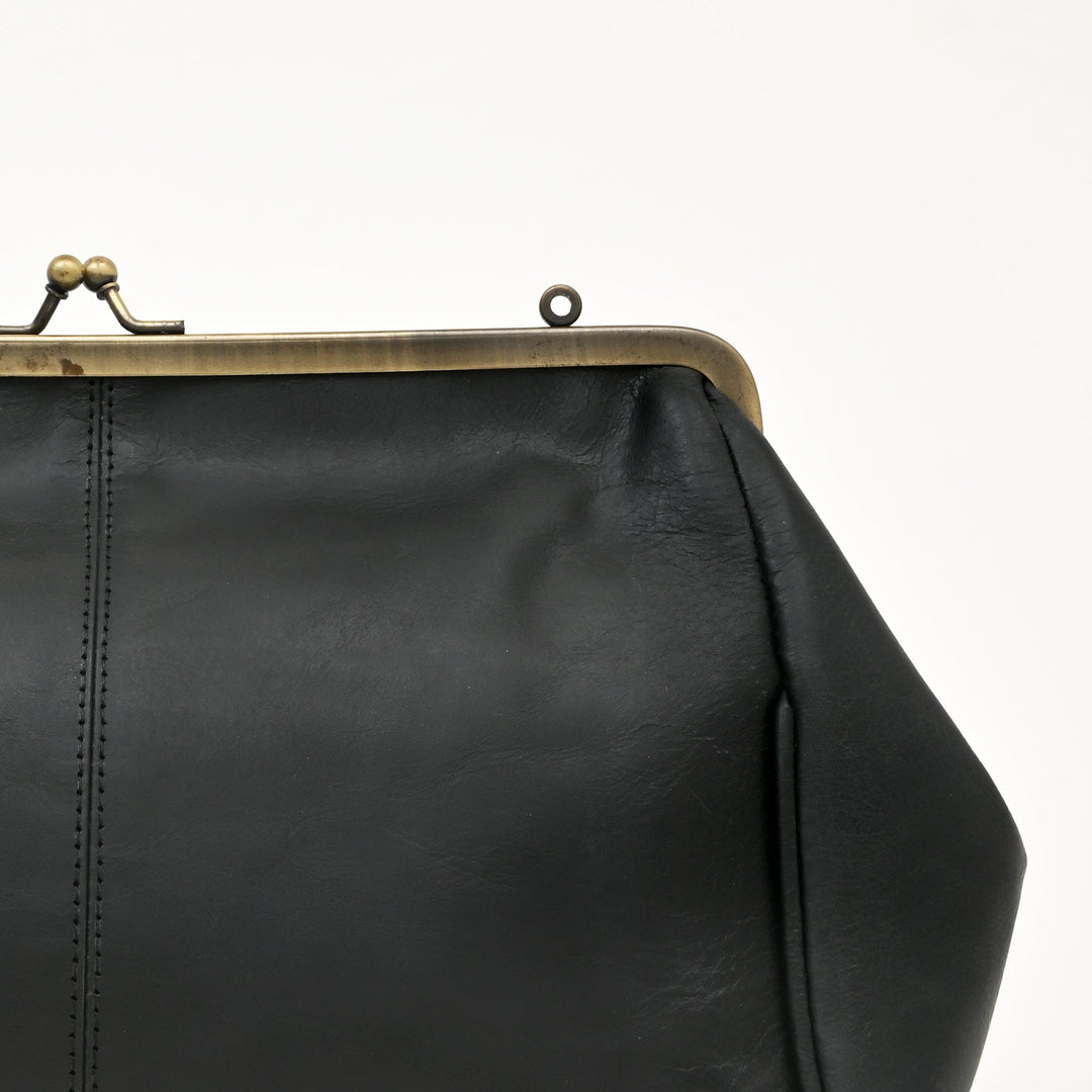 Premium Full-Grain Black Napa Leather Side Bag for Women | Vintage Kiss-Lock Evening Handbag with Brass Frame & Spacious Compartment