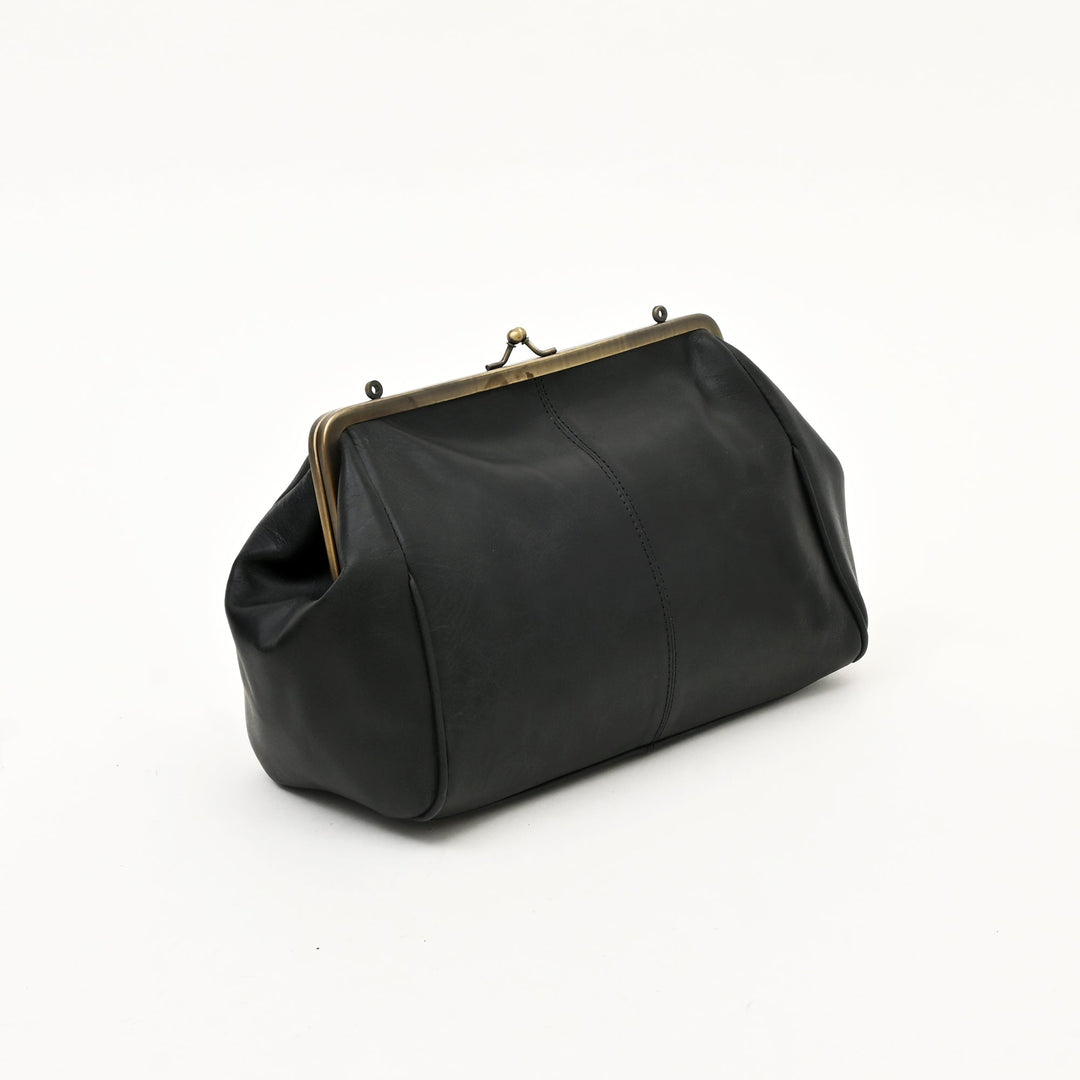 Premium Full-Grain Black Napa Leather Side Bag for Women | Vintage Kiss-Lock Evening Handbag with Brass Frame & Spacious Compartment