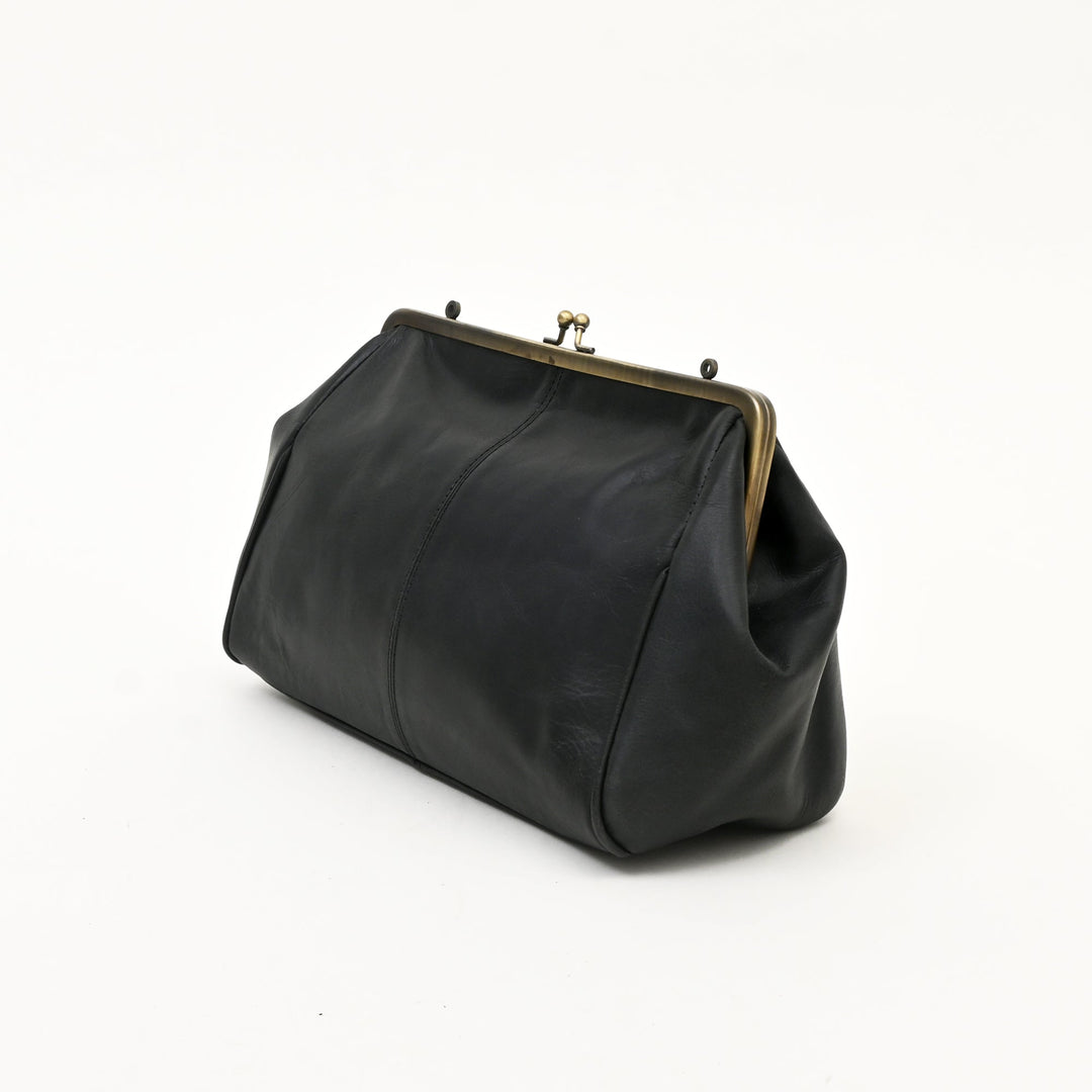 Premium Full-Grain Black Napa Leather Side Bag for Women | Vintage Kiss-Lock Evening Handbag with Brass Frame & Spacious Compartment