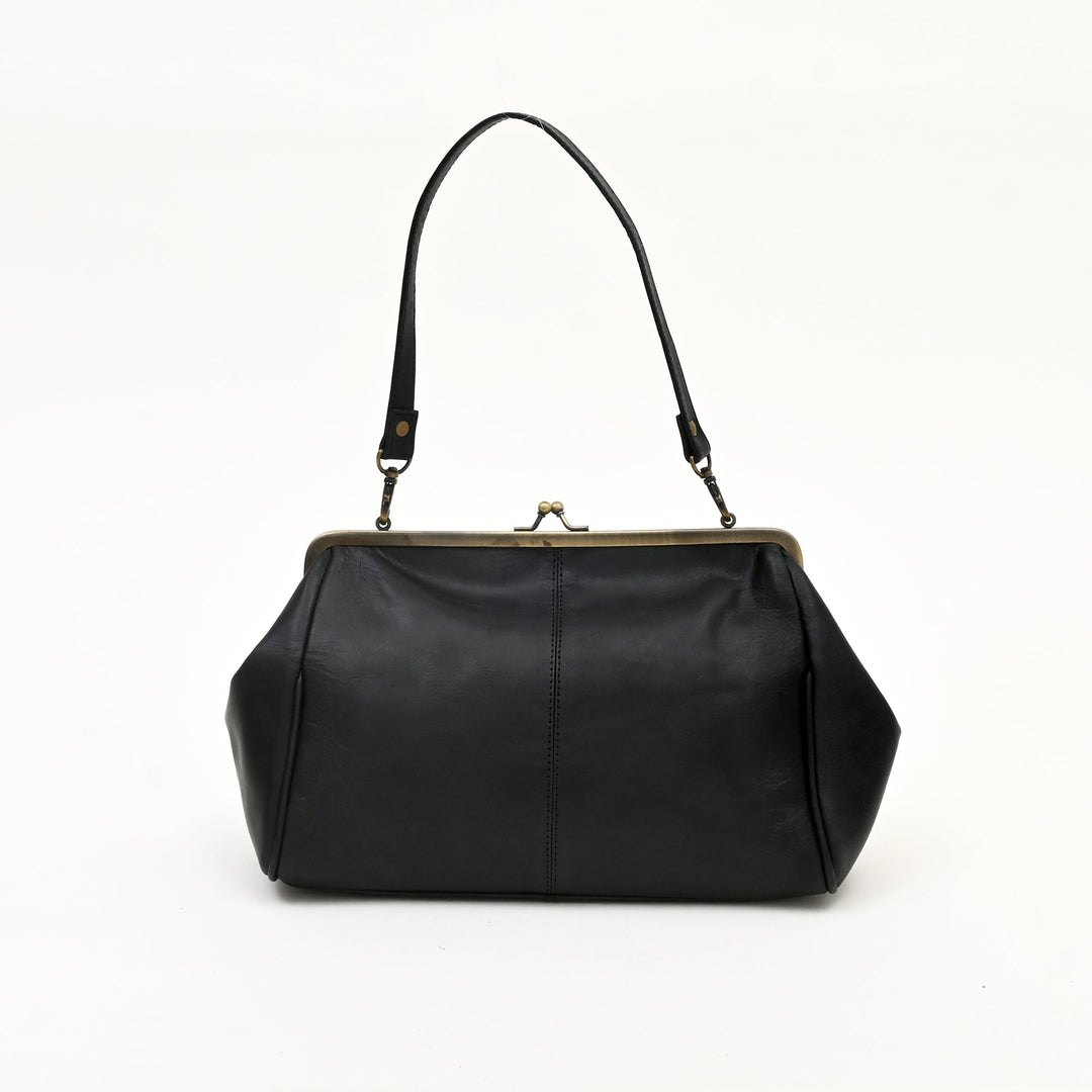 Premium Full-Grain Black Napa Leather Side Bag for Women | Vintage Kiss-Lock Evening Handbag with Brass Frame & Spacious Compartment