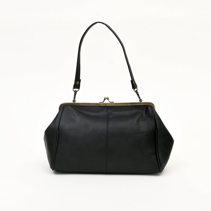 Premium Full-Grain Black Napa Leather Side Bag for Women | Vintage Kiss-Lock Evening Handbag with Brass Frame & Spacious Compartment
