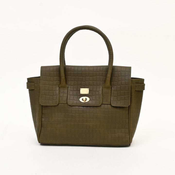 Premium Full-Grain Green Croc-Look Napa Leather Handbag for Women | Elegant Twist-Lock Shoulder Bag with Adjustable Strap & Spacious Compartment