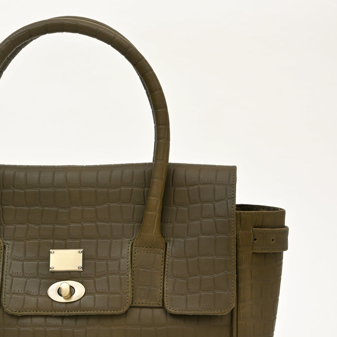 Premium Full-Grain Green Croc-Look Napa Leather Handbag for Women | Elegant Twist-Lock Shoulder Bag with Adjustable Strap & Spacious Compartment