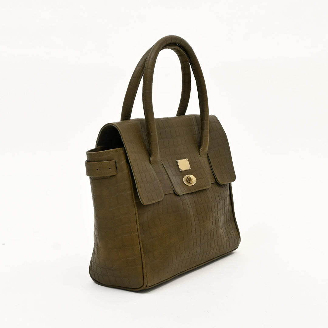 Premium Full-Grain Green Croc-Look Napa Leather Handbag for Women | Elegant Twist-Lock Shoulder Bag with Adjustable Strap & Spacious Compartment