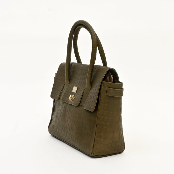 Premium Full-Grain Green Croc-Look Napa Leather Handbag for Women | Elegant Twist-Lock Shoulder Bag with Adjustable Strap & Spacious Compartment