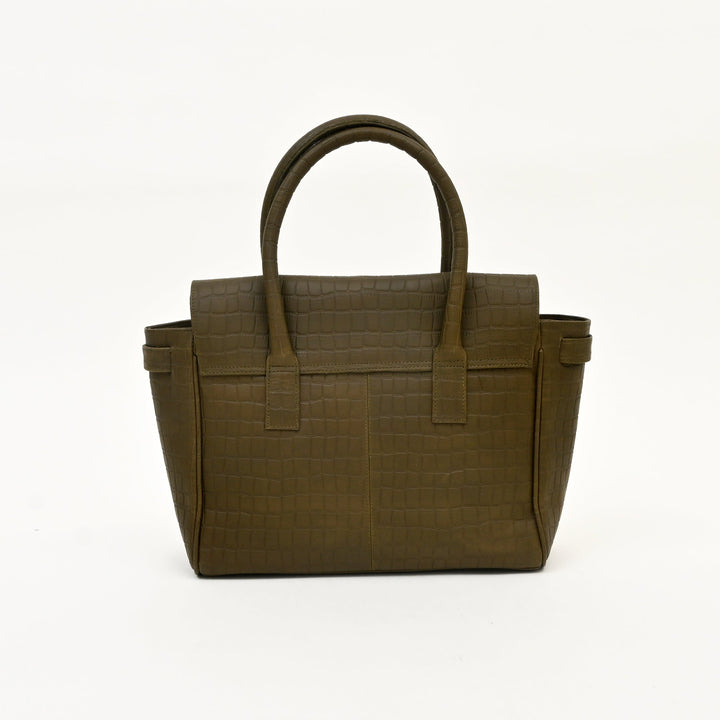 Premium Full-Grain Green Croc-Look Napa Leather Handbag for Women | Elegant Twist-Lock Shoulder Bag with Adjustable Strap & Spacious Compartment