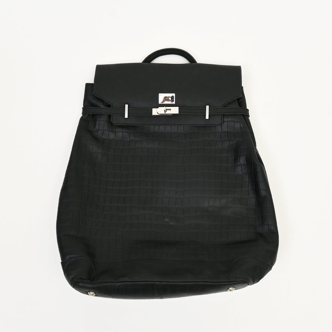 Premium Full-Grain Black Napa & Croc-Look Leather Laptop Backpack | Office & Travel Bag with Padded Laptop Compartment, Twist-Lock Flap & Trolley Sleeve