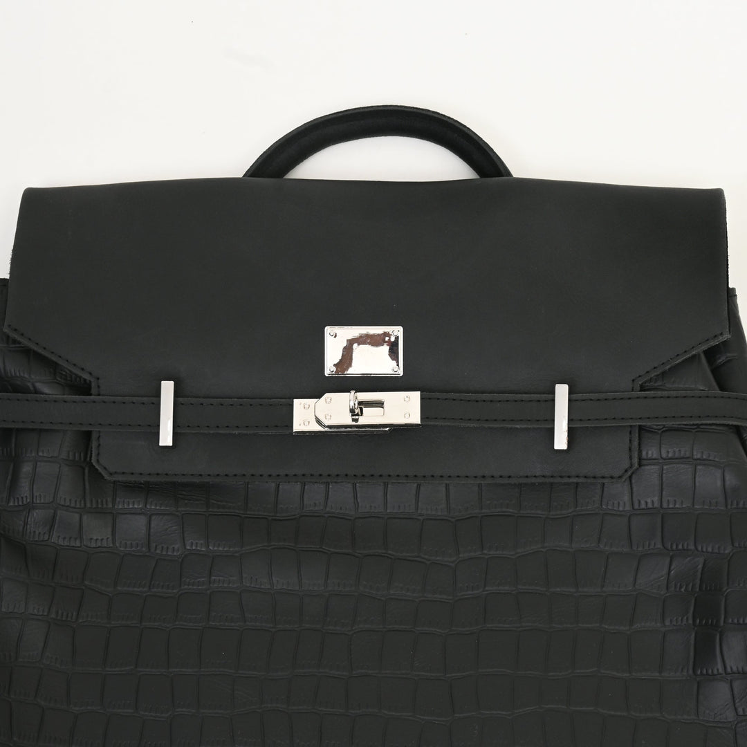 Premium Full-Grain Black Napa & Croc-Look Leather Laptop Backpack | Office & Travel Bag with Padded Laptop Compartment, Twist-Lock Flap & Trolley Sleeve