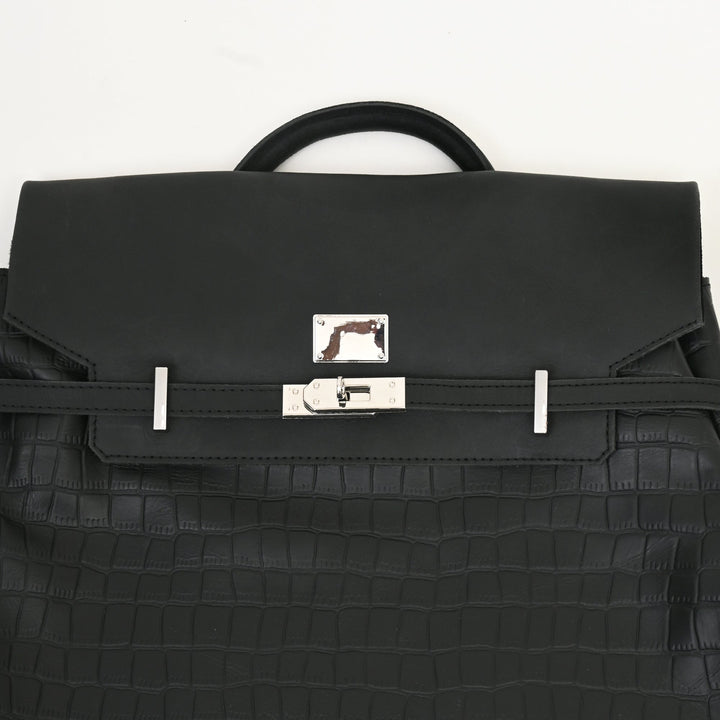 Premium Full-Grain Black Napa & Croc-Look Leather Laptop Backpack | Office & Travel Bag with Padded Laptop Compartment, Twist-Lock Flap & Trolley Sleeve