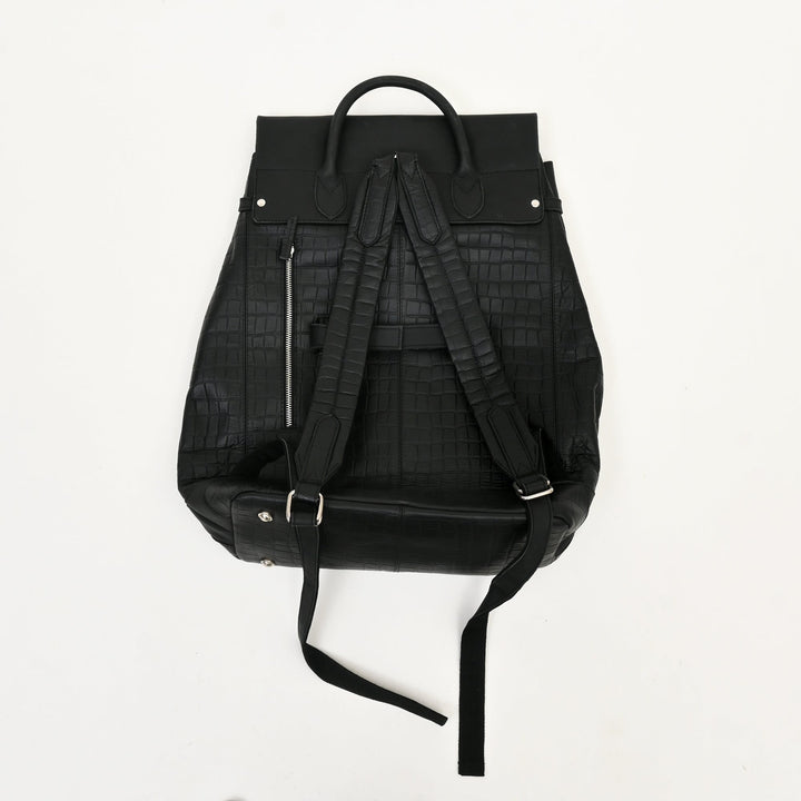 Premium Full-Grain Black Napa & Croc-Look Leather Laptop Backpack | Office & Travel Bag with Padded Laptop Compartment, Twist-Lock Flap & Trolley Sleeve