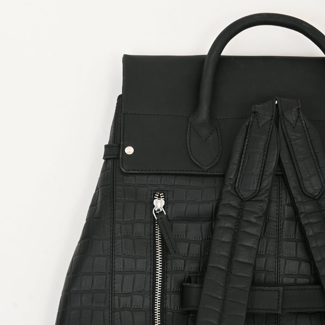 Premium Full-Grain Black Napa & Croc-Look Leather Laptop Backpack | Office & Travel Bag with Padded Laptop Compartment, Twist-Lock Flap & Trolley Sleeve