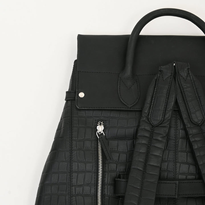 Premium Full-Grain Black Napa & Croc-Look Leather Laptop Backpack | Office & Travel Bag with Padded Laptop Compartment, Twist-Lock Flap & Trolley Sleeve