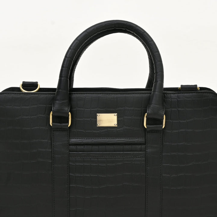 Premium Full-Grain Black Croc-Look Leather Laptop Business Bag for Men | 15.6 Inch Office & Travel Briefcase with Padded Laptop Sleeve & Dual Compartments