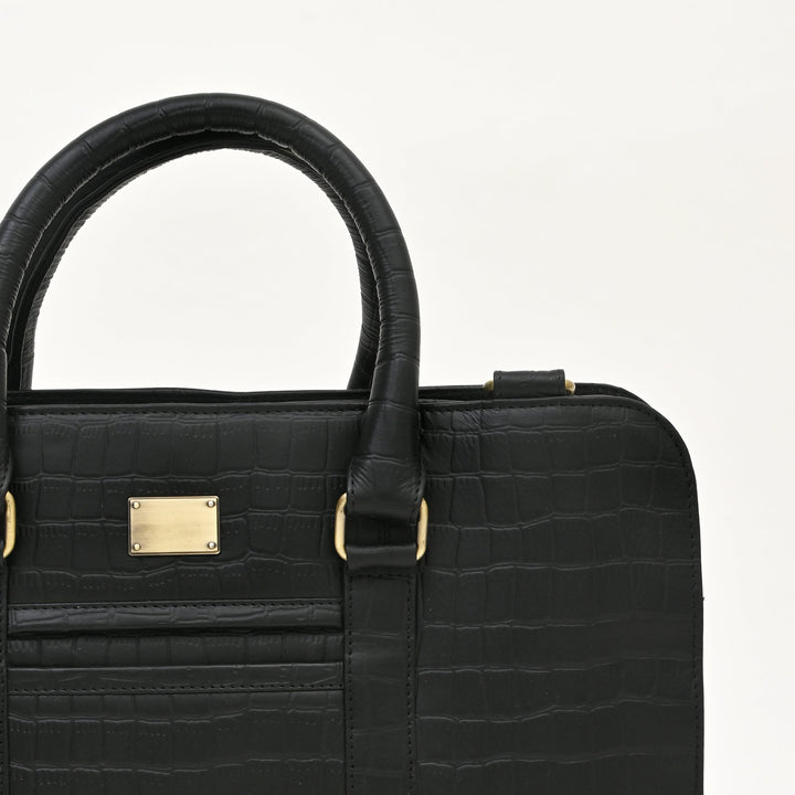 Premium Full-Grain Black Croc-Look Leather Laptop Business Bag for Men | 15.6 Inch Office & Travel Briefcase with Padded Laptop Sleeve & Dual Compartments