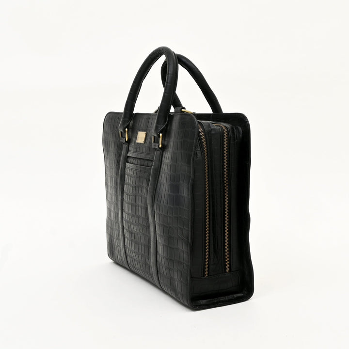 Premium Full-Grain Black Croc-Look Leather Laptop Business Bag for Men | 15.6 Inch Office & Travel Briefcase with Padded Laptop Sleeve & Dual Compartments