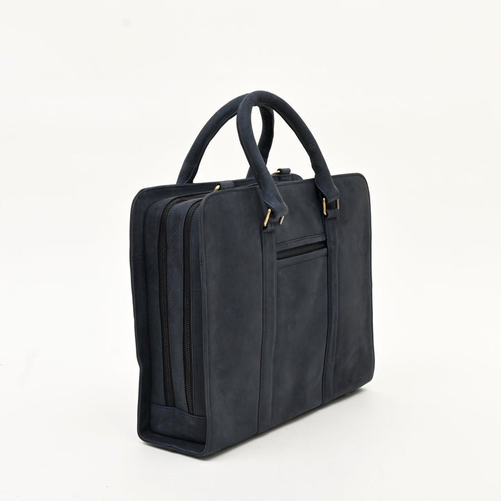 Premium Full-Grain Oily Blue Leather Laptop Business Bag for Men | 15.6 Inch Office & Travel Briefcase with Padded Laptop Sleeve & Dual Compartments
