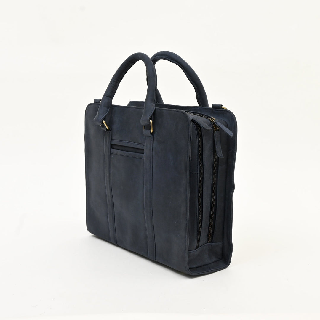 Premium Full-Grain Oily Blue Leather Laptop Business Bag for Men | 15.6 Inch Office & Travel Briefcase with Padded Laptop Sleeve & Dual Compartments