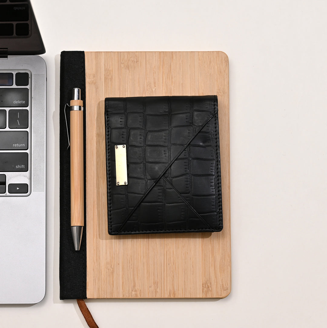 Leather Wallet 1B Croblk – Croc Look Black Napa Leather Wallet for Men | Elegant & Functional Slim Design