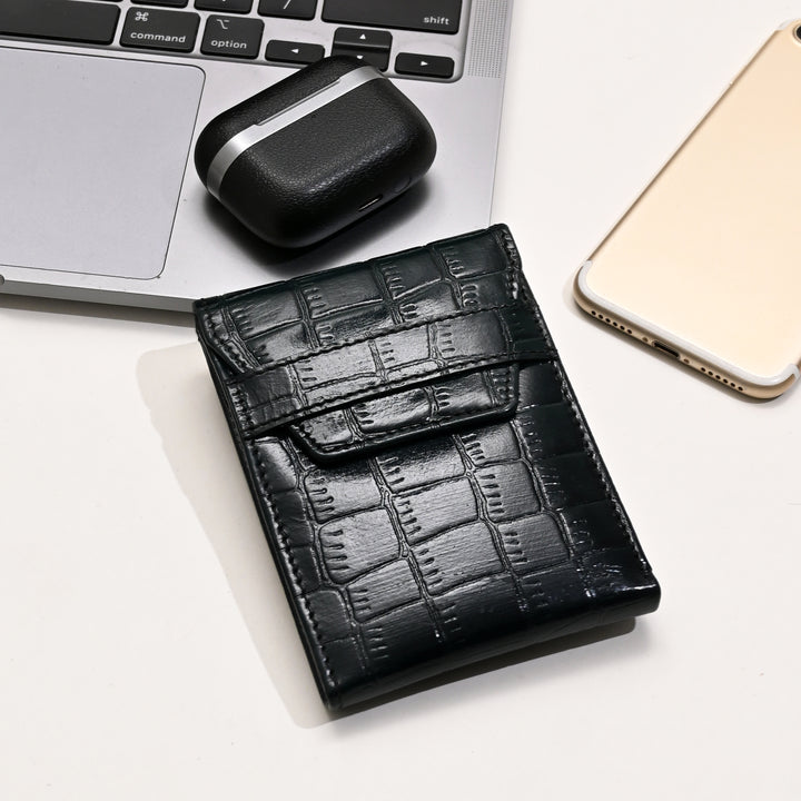 Men’s Leather Wallet 3B Scrgrn – Premium Green Croc Look Napa Leather Wallet with Coin Pocket & 6 Card Slots | Luxury Slim Bifold Design