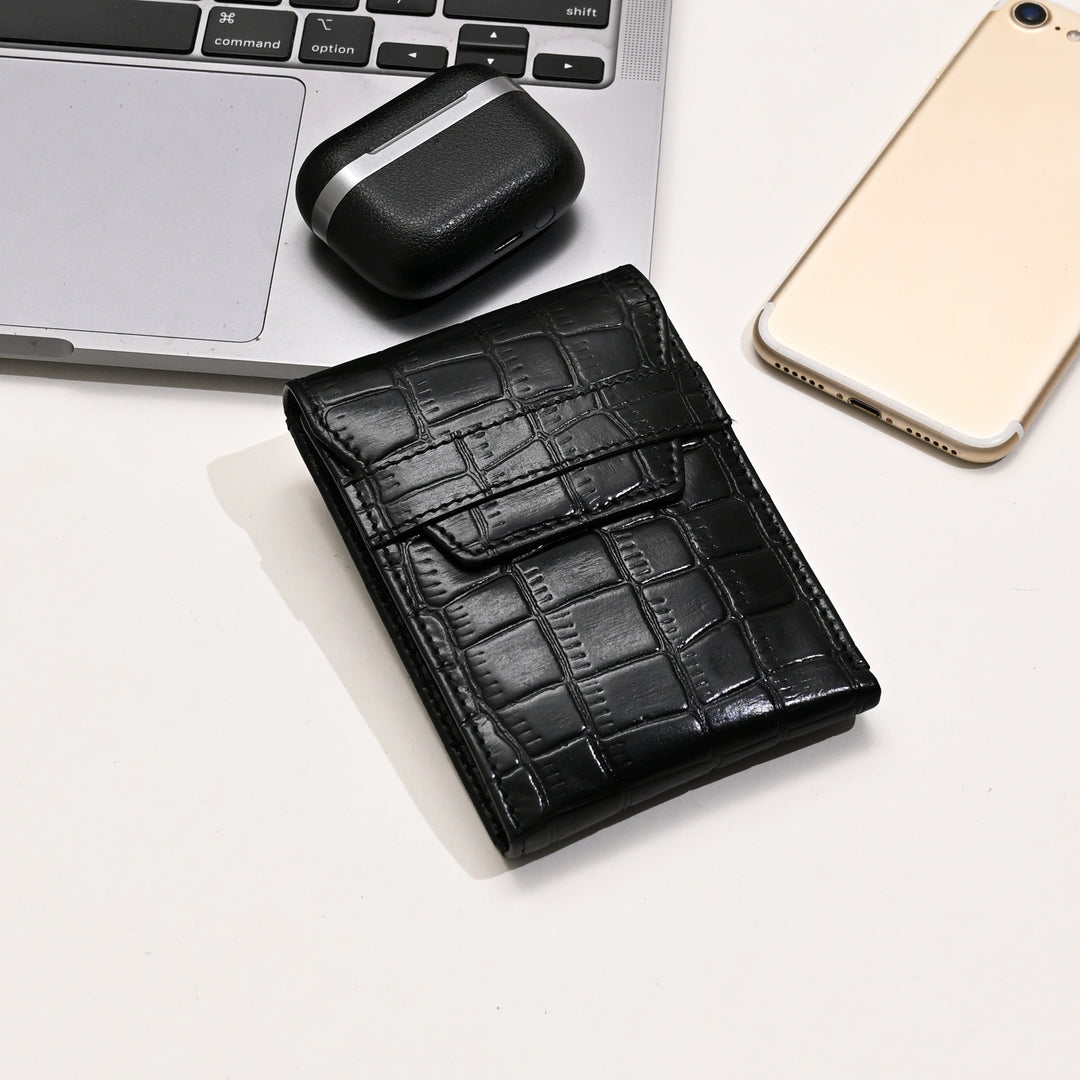Men’s Leather Wallet 3B Scrblk – Premium Black Croc Look Napa Leather Wallet with Coin Pocket & 6 Card Slots | Luxury Slim Bifold Design