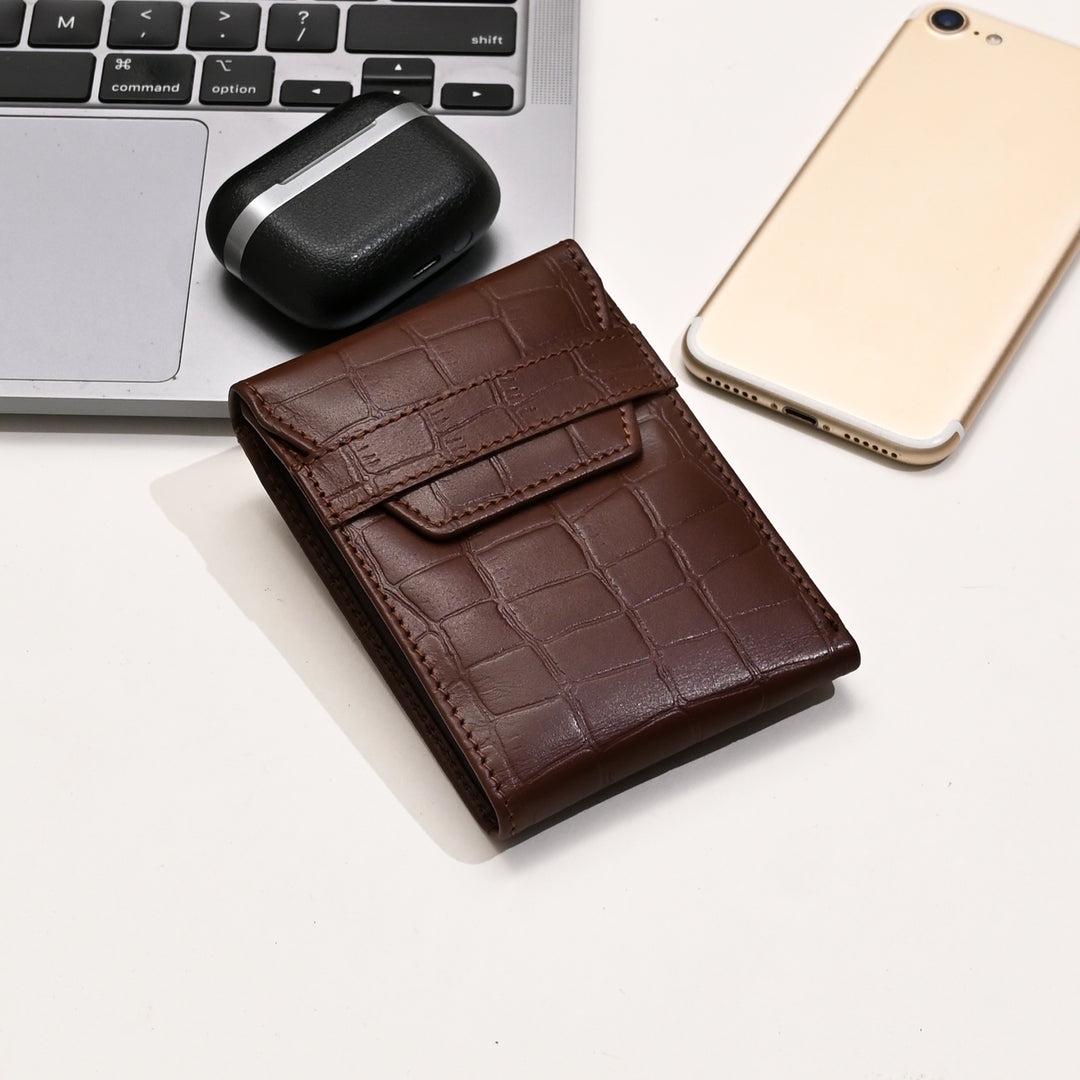 Men’s Leather Wallet 3S Scrbrn – Premium Brown Croc Look Napa Leather Wallet with Coin Pocket & 6 Card Slots | Handcrafted Luxury Slim Wallet