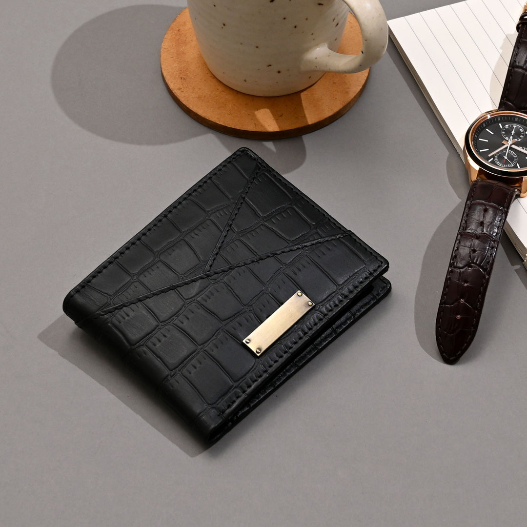 Premium Black Croc Look Napa Leather Wallet – Slim Design with Coin Pocket & Card Slots