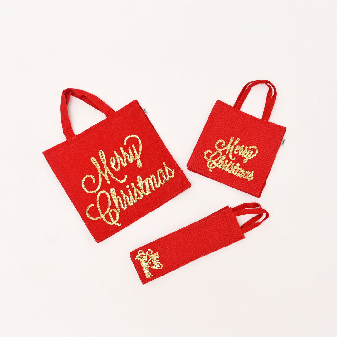 Premium Red Laminated Jute Gift Bag with Sparkling Sequin Design - Wine Bag