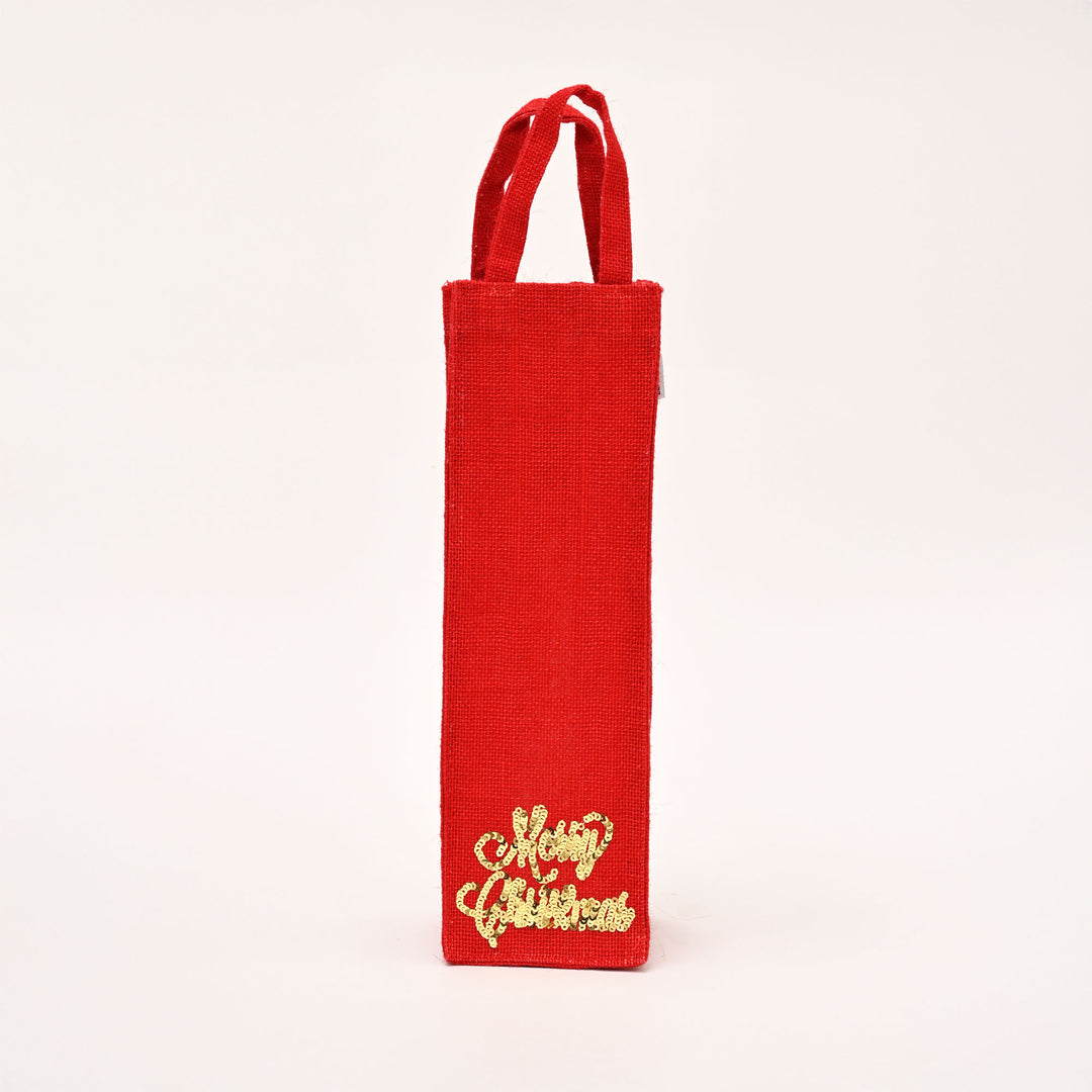 Premium Red Laminated Jute Gift Bag with Sparkling Sequin Design - Wine Bag