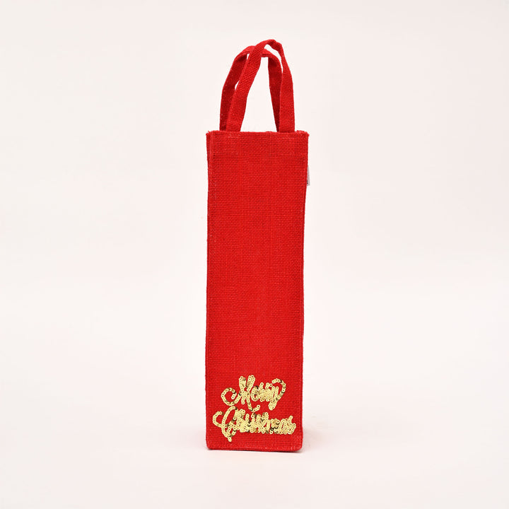 Premium Red Laminated Jute Gift Bag with Sparkling Sequin Design - Wine Bag