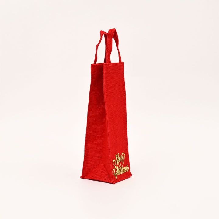 Premium Red Laminated Jute Gift Bag with Sparkling Sequin Design - Wine Bag