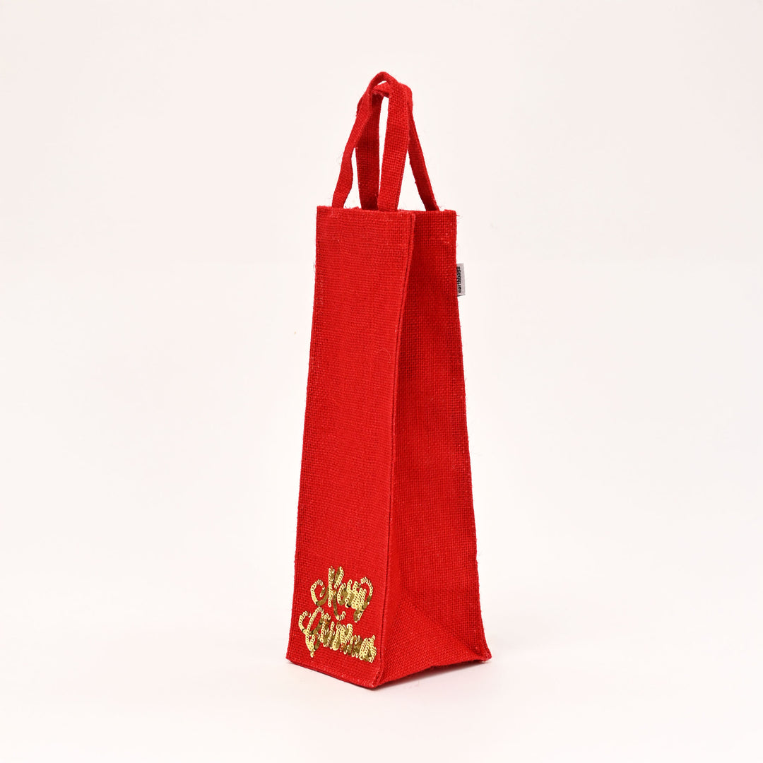 Premium Red Laminated Jute Gift Bag with Sparkling Sequin Design - Wine Bag