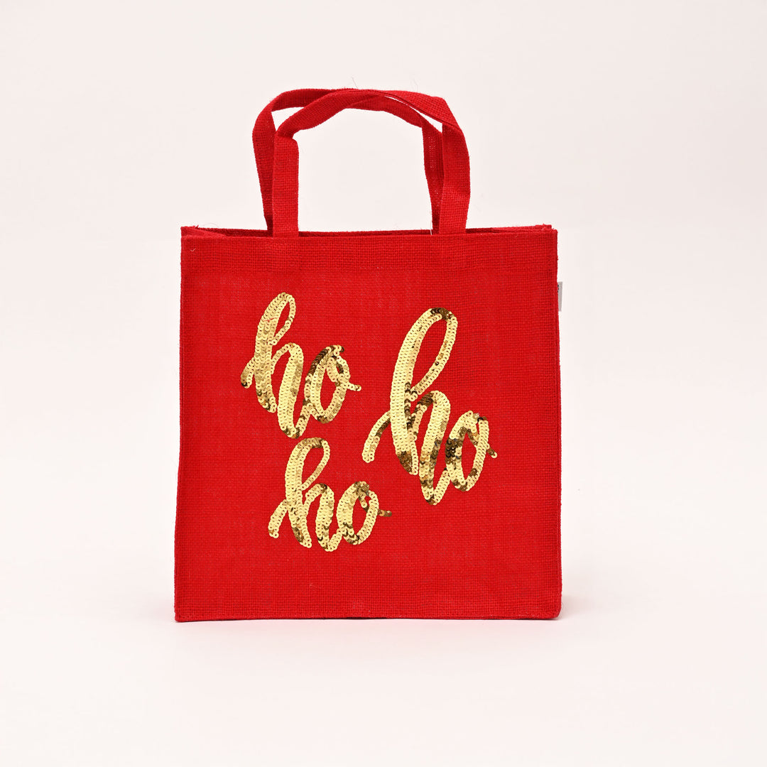 Laminated Red Jute Tote Bag with Gold Sequin “Ho Ho Ho” Design |Eco-Friendly Carry Bag