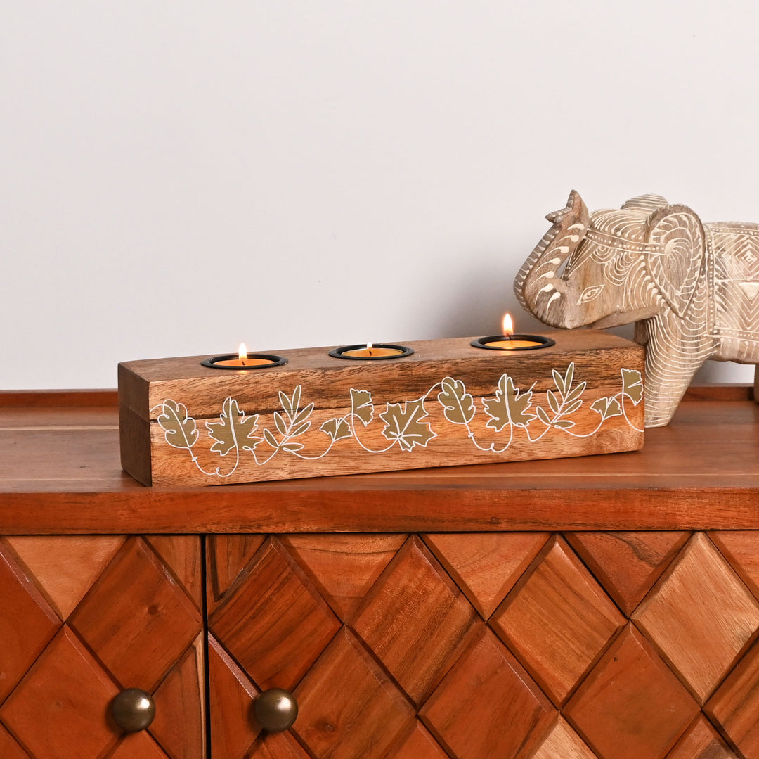 Wooden Tealight Candle Holder with Handcrafted Detail – 30 cm