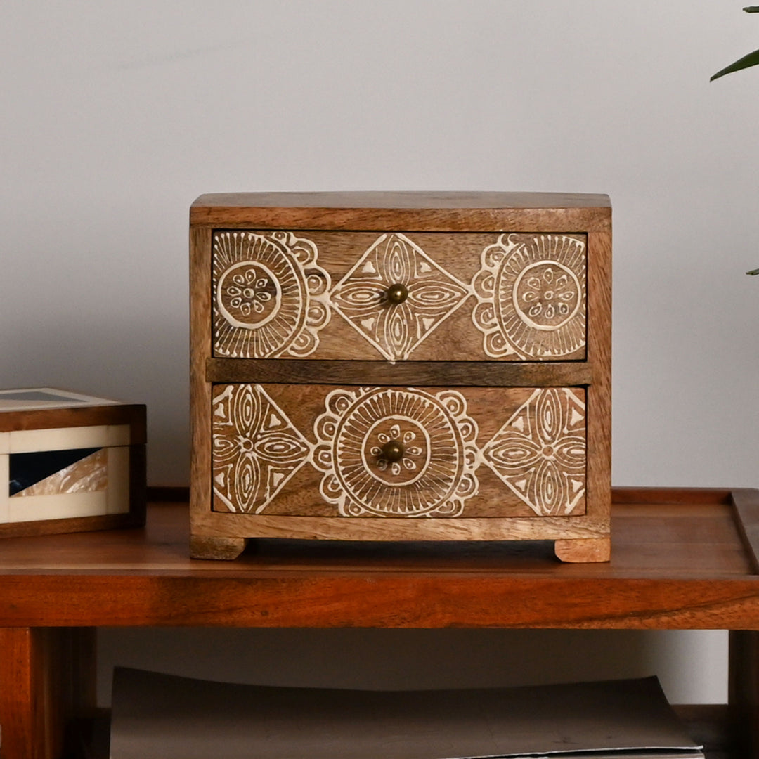 Hand-Carved Wooden Two Drawer Chest – 21 cm