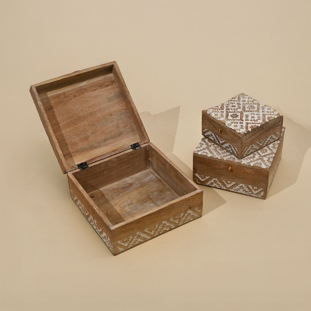 Carved Wooden Nested Storage Boxes Set of 3