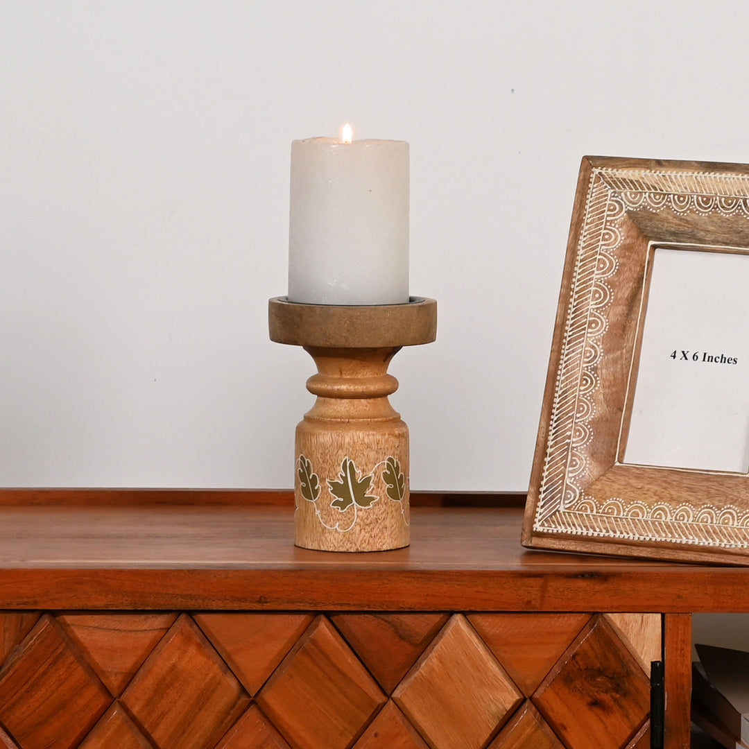 Painted Wooden Pillar Candle Holders Set of 2 – 15 cm