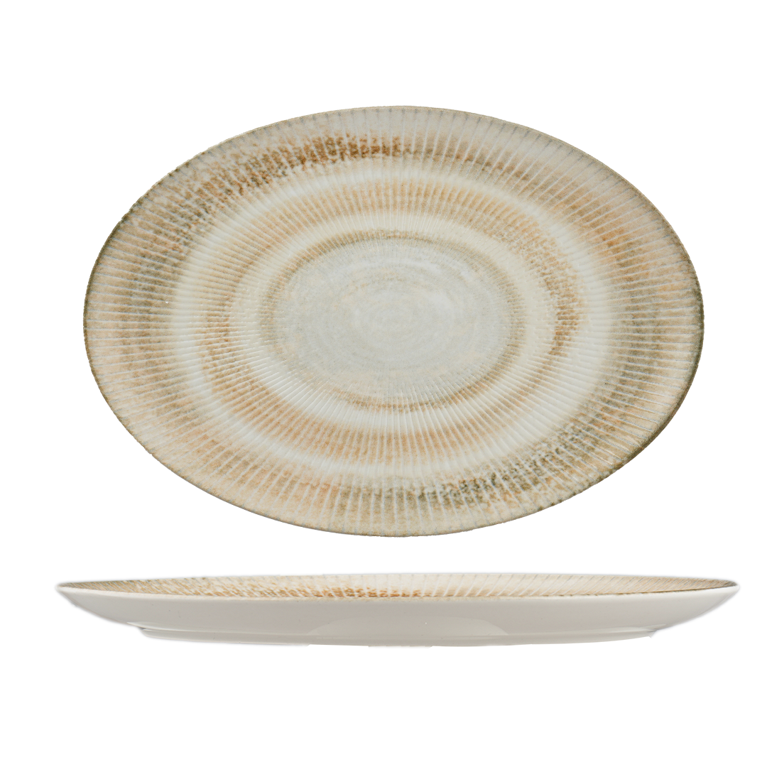 Paros Shell Sand Oval Porcelain Plate with Foot | Elevated Serving Platter | Professional Hospitality Tableware