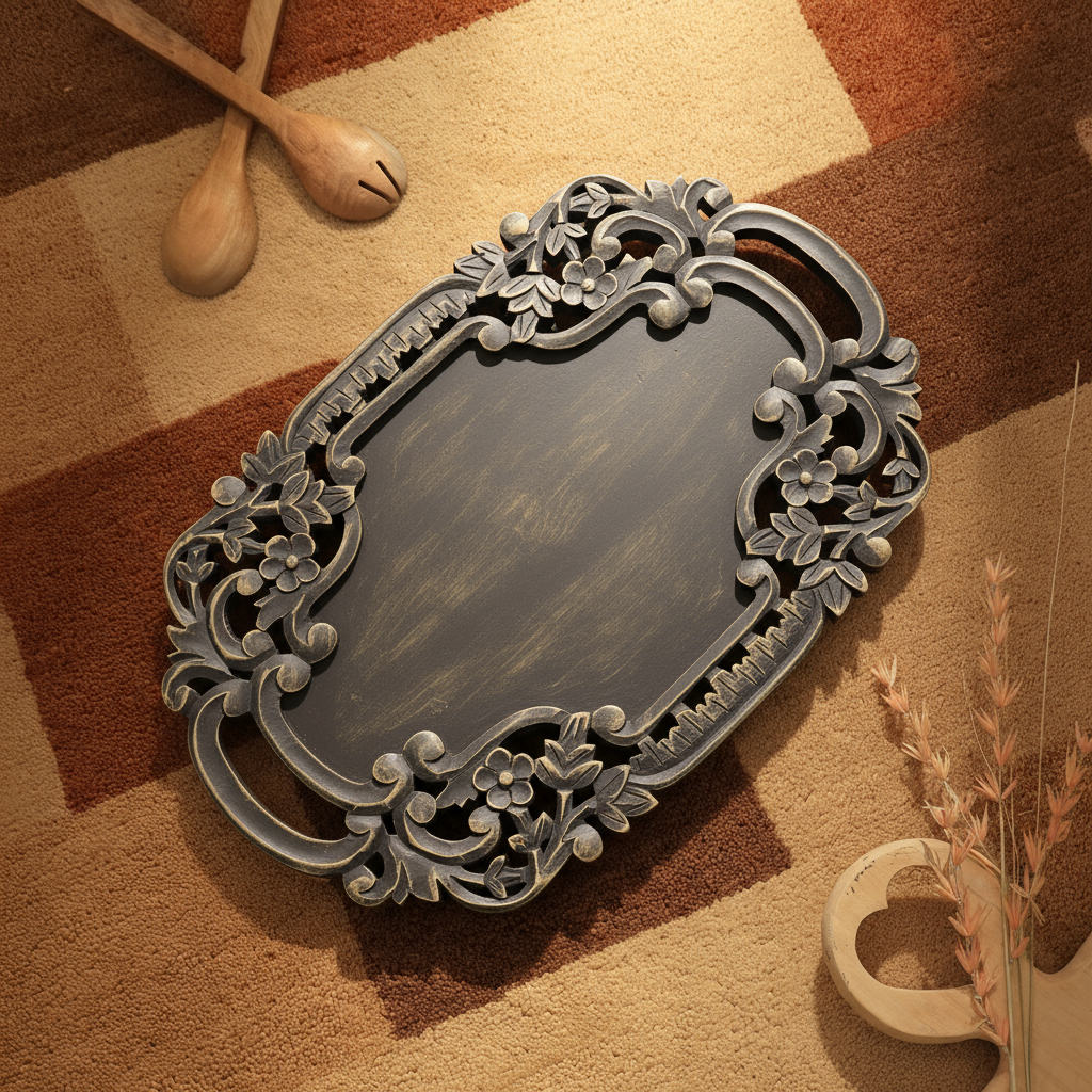 Handcrafted Black Adirondack Carved Wood Serving Tray