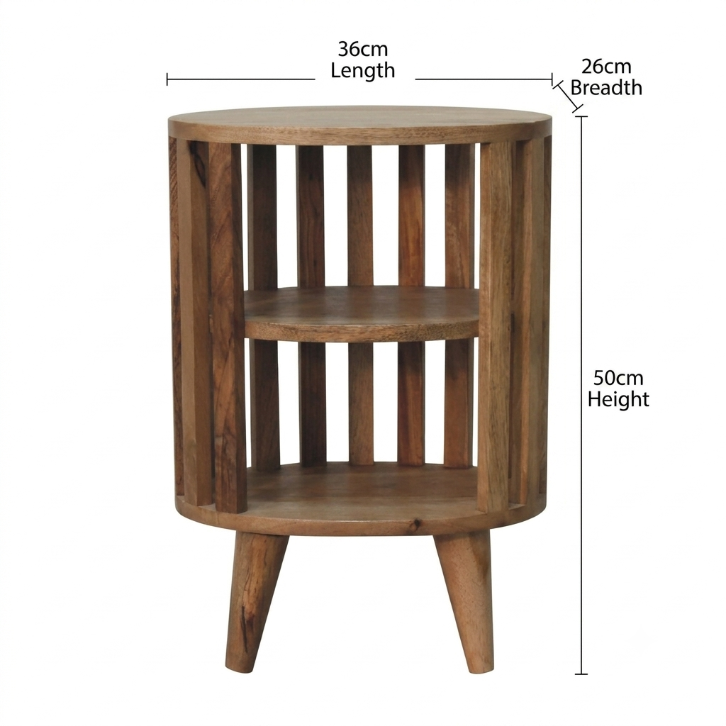Round Solid Mango Wood Open Shelf Nightstand