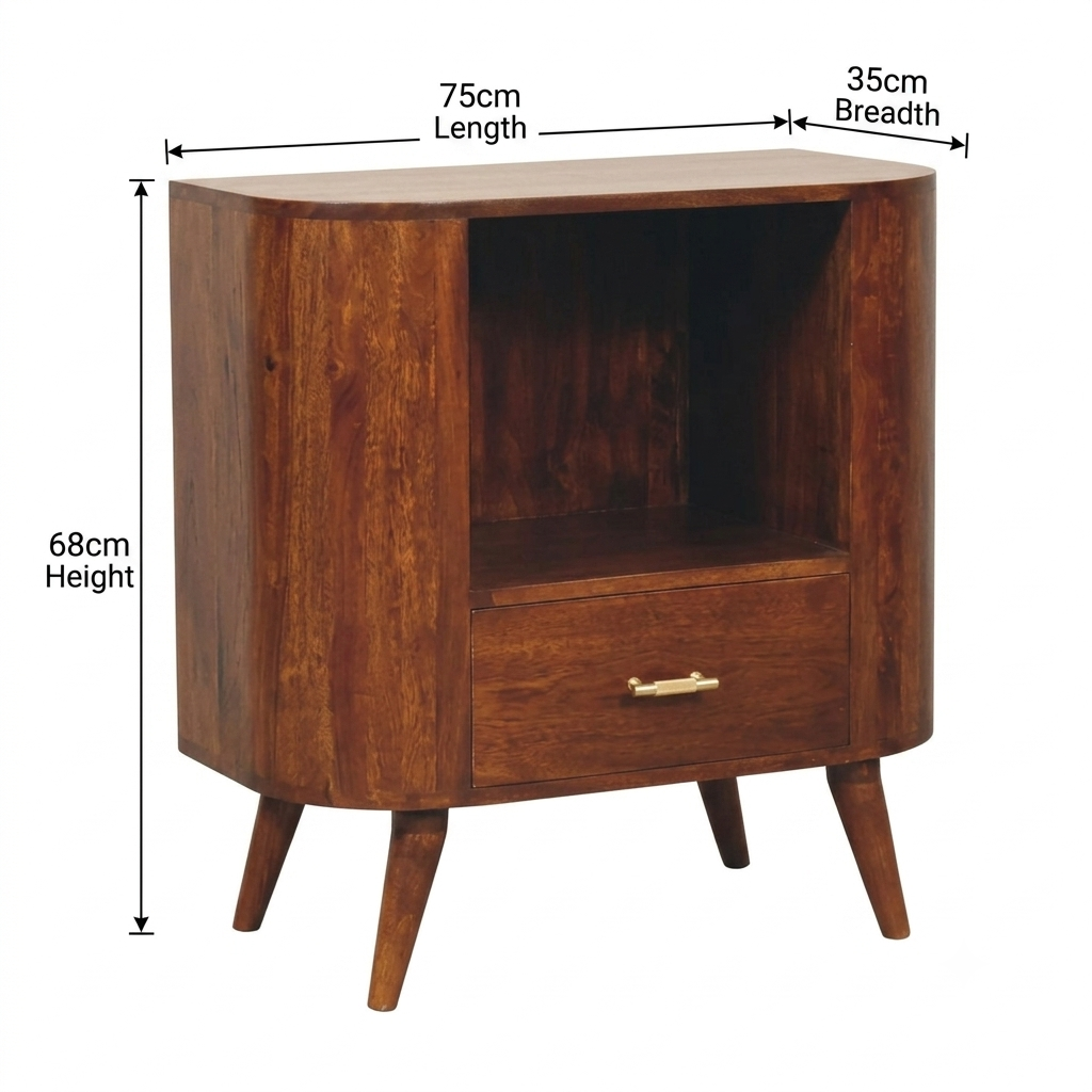 Brown Lacquered Solid Mango Wood Chestnut Cabinet with Gold T-Bar Handle & Open Shelf