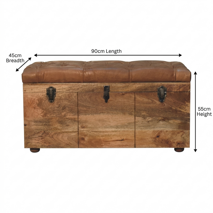 Brown Lacquered Oak-Finish Solid Wood Storage Chest with Buffalo Leather & Button Tufting