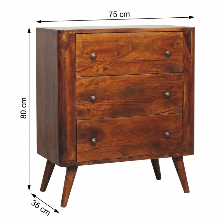 Brown Lacquered Chestnut Solid Mango Wood 3-Drawer Chest with Rounded Edges & Nordic Legs