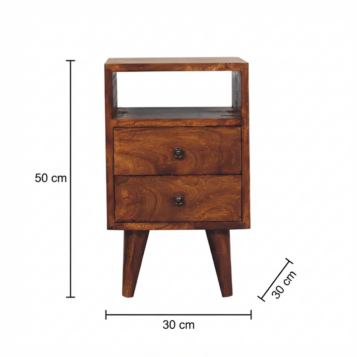 Brown Lacquered Chestnut Solid Mango Wood Mini Classic Bedside with Brass Knobs & Nordic Legs